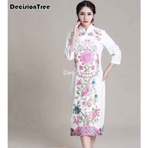 2021 chinese dress women half sleeve qipao modern cotton linen cheongsam dress gown traditional flower embroidery qipao dress