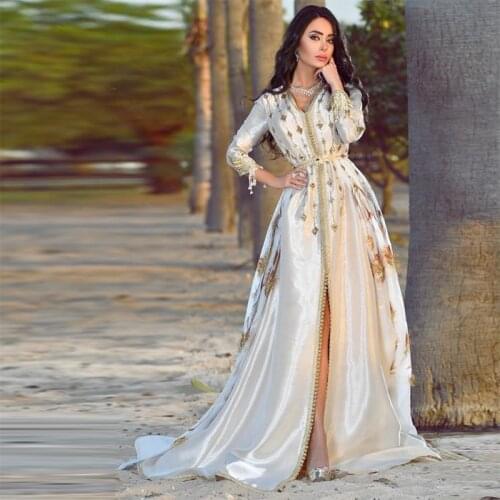 2021 Fashion White Full Sleeves Moroccan Caftan Evening Dresses Appliques Long Prom Gown V Neck Arabic Muslim Party-Dresses