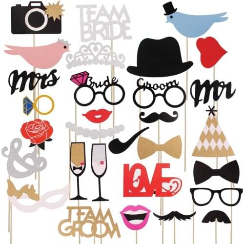 31pcs Fun Wedding Ceremony Decoration Sparkling Mr Mrs Mustache Mask Love Bird Bride Groom Party Shower Events Photo Booth Props
