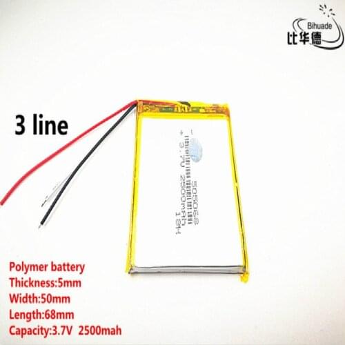 5pcs/lot 3 line Good Qulity 3.7V,2500mAH,505068 Polymer lithium ion / Li-ion battery for TOY,POWER BANK,GPS,mp3,mp4