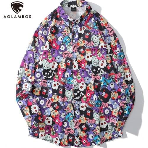 Aolamegs Men Shirt Funny Anime Demon Cartoon Print Long Sleeve Shirts Tops Men Colorful Hipster Hip Hop Style Streetwear Spring