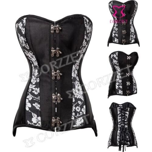 Black Floral Gothic Steampunk Corsets Waist Trainer Corset Steel Bone Overbust Corpete Corselet Women Push Up Sexy Bustier Top