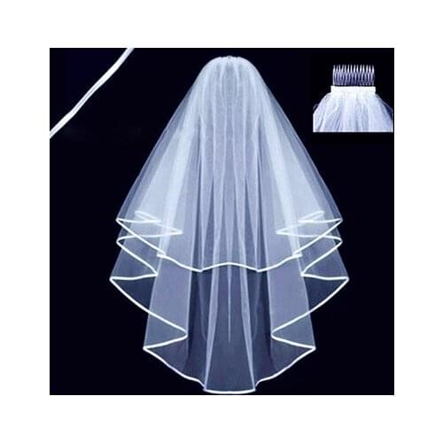 Simple Tulle White Ivory Two Layers Wedding Veils Ribbon Edge with Comb for Wedding Party