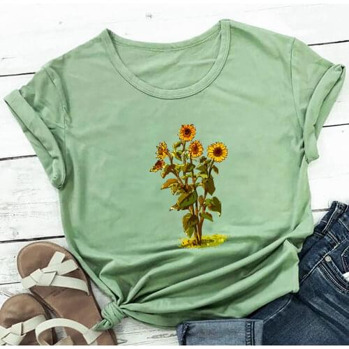 Sunflower Wild Plant Print 100%Cotton Women Tshirt Unisex Funny Summer Casual Short Sleeve Top Nature Shrit Eco Life Tee