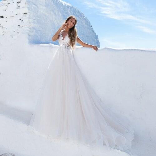 Scoop Short Sleeve Appliques Lace Zipper Back Tulle Wedding Dress 2021 Vestido De Noiva Bridal Gown