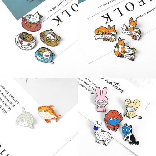 Cartoon animal Badge Cat fox rabbit mouse dog fish Enamel Pin coffee cup banner Fashion custom Brooch Lapel jewelry accessories