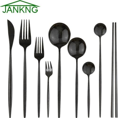 Black Tableware Set Stainless Steel Silverware Knife Fork Spoon Dinnerware Chopsticks Cake Fork Kitchen Flatware Luxury Cutlery