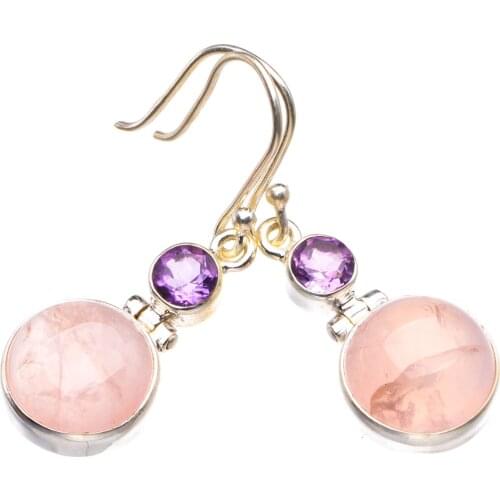 Natural Rose Quartz And Amethyst Handmade 925 Sterling Silver Earrings 1.5" D3685