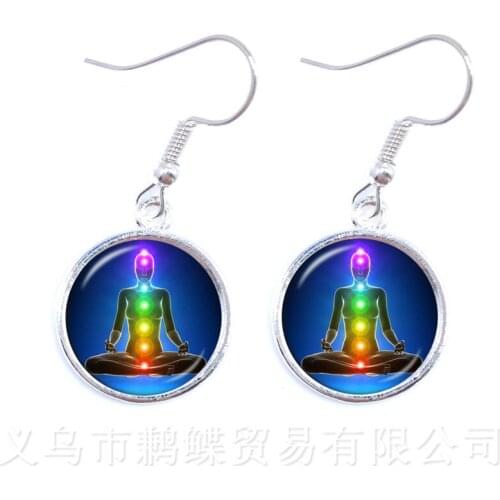 2018 New Seven Chakra Symbols Earrings Glass Cabochon Drop Earrings Zen Gift Jewellery Vintage Flower Of Life Drop Earrings