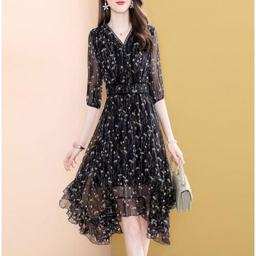 2021 printed V-neck dress spring dress new womens medium and long style dress