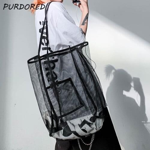 PURDORED 1 Pc Large Mesh Shopping Bag Reusable Transparent Fashion One Shoulder Beach Bag Mesh Hollow Shopping Bag Organizer