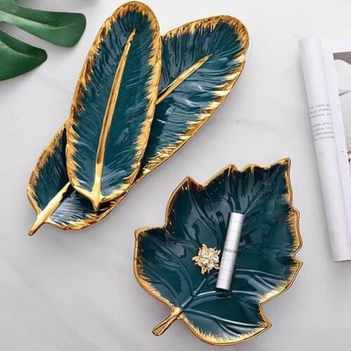 Luxury Leaf Ceramic Plate Dish Home Storage Tray with Glod Rim Storage Plate Jewelry Display Holder Decorative Food Dish LPZ025