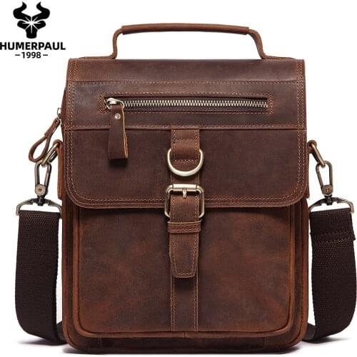 Luxury Design Crazy Horse Leather Men Message Bags for 7.9in iPad Vintage Travel Handbag Zipper Metal Business Male Shoulder Bag