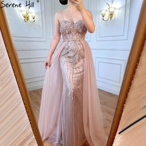 Serene Hill Pink Luxury Overskirt Evening Dresses Gowns 2021 Spaghetti Strap Beaded Mermaid For Woman Party LA71216