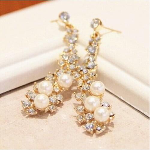 Hot Fashion Luxury Bride Imitation Pearl Long Earrings Elegant Crystal Earrings For Women Wedding Party Jewerly Wholesale