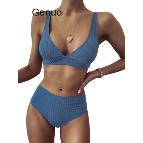 Sexy Solid Bikinis 2021 Mujer High Waist Swimsuit Women V Neck Swimwear Female Sport Bathing Suit Stripe Biquini