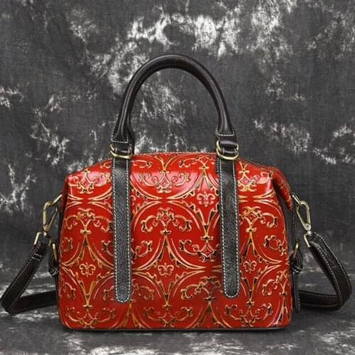 High Quality Genuine Leather Women Cowhide Top Handle Bags Vine Embossed Tote Handbag Vintage Crossbody Shoulder Messenger Bag