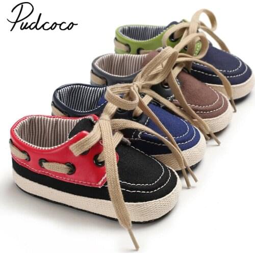 Pudcoco Baby First Walkers Newborn Toddler Baby Boy Girl Canvas Crib Shoes Lace Up Patchwork Sneakers PreWalker Trainers 0-18M
