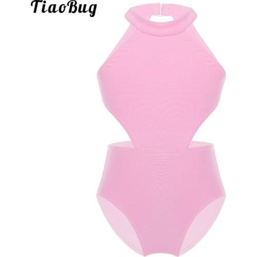 TiaoBug Kids Girls Ballet Dance Bodysuit Costume Sleeveless Halter Cutouts On Waist Backless Ballet Gymnastics Leotard Jumpsuit