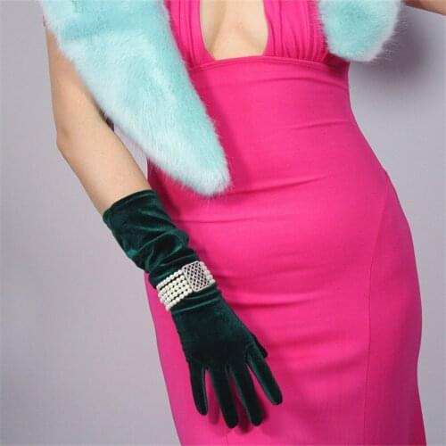 Velour Gloves 40cm Long Style Green Velour High Elastic Gold Velvet Swan Velvet Touchscreen Mobliephone Female Gloves WSR02