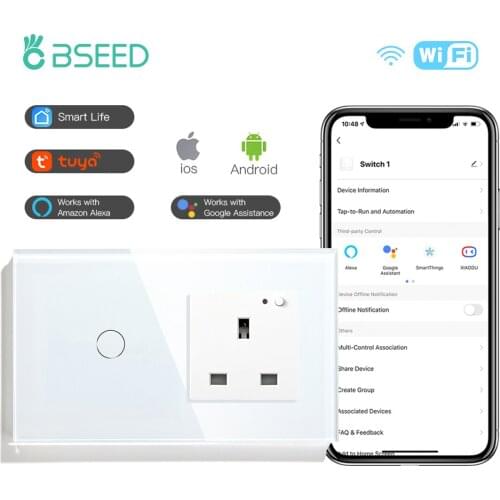 BSEED Wifi light switch 1/2/3gang Two Way UK Standard Smart Socket Wifi Tuya Smart Life App Wireless Touch Switches