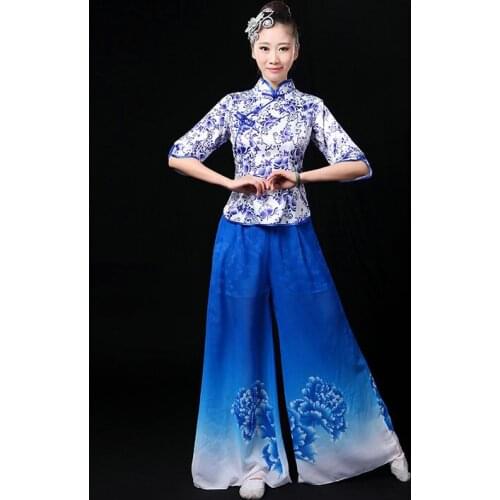 Wholease Chinese Folk Dance Blue And White Porcelain Yangko Dance Costumes Chinese Traditional Dancing Suit 3XL 4XL 5XL FF030 YQ