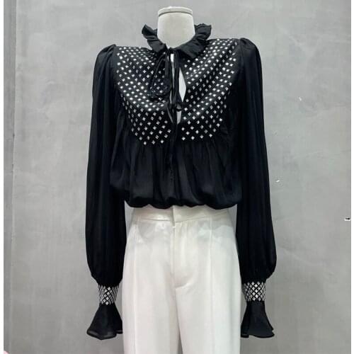 Runway Fashion Women Ruffled High Neck Chiffon Blouse Hotdrill Rhinestones Studded Thin Sexy Shirt Top