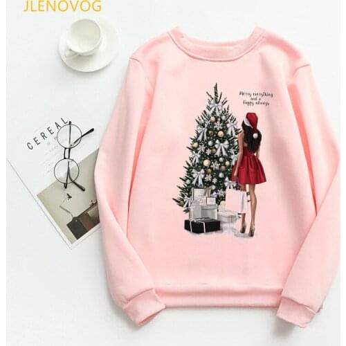 Christmas tree and Christmas gifts print hoodies women clothes 2021 pink sweatshirt female kawaii clothes sudadera mujer