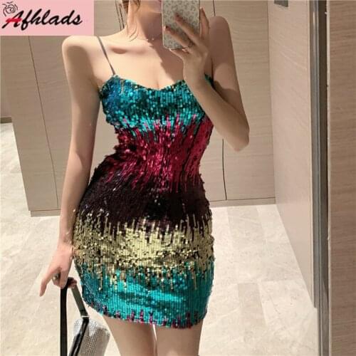 Summer New Night Club Patchwork Color Sequin Bodycon Vestidos Sexy Sleeveless Spaghetti Strap Women Mini Party Dress