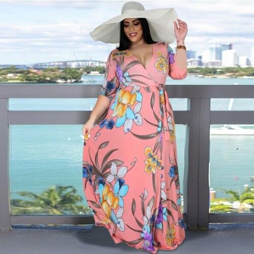 Womens Plus Size Sexy Split Dress V-Neck Half-Sleeve Belt Belt Digital Print Dress Summer Fashion Bohemian Beach Long Skirt