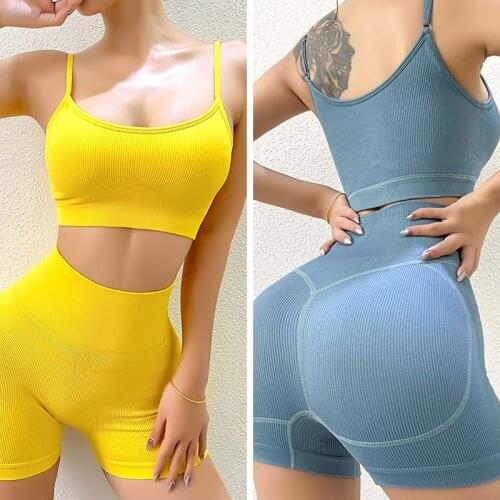 2PCS/Set Seamless Fitness Women Yoga Suit Workout Bra Sport Shorts Breathable Padded Sports Bra High Stretchy Gym Clothing