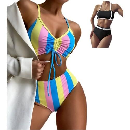 2021 Sexy Women High Waist Bikini New Bandage Strap Push Up Swimsuits Patchwork Printing Separate Bathing Suit Biquini Two Piece
