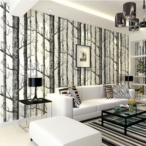 Birch Tree Pattern Non-woven Woods Wallpaper Roll Modern Designer Wall covering Simple Black And White Wallpaper For Living Room