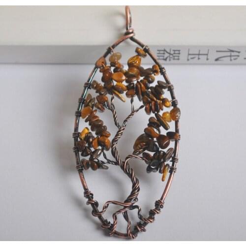 Free Shipping 89X40MM Oval Copper Handmade Wire Wrap Tree of life Natural Stone Gold Tigers Eye Pendant Bead 1Pcs K2071