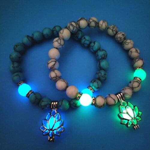 Natural Stone Bracelet Yoga Healing Luminous Glow In The Dark Bracelet Lotus Charm Beads Bracelet for Men Women Prayer Buddhism