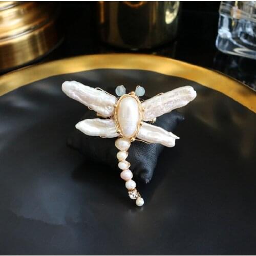 Freshwater pearl white dragonfly brooch FPPJ wholesale beads nature unique
