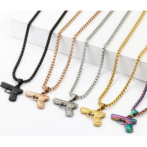 1PC Black Gold/Rose Gold Stainless Steel Gun Pendant Punk Necklaces Hip Hop Long Chains For Women Men Jewelry Couple Lovers