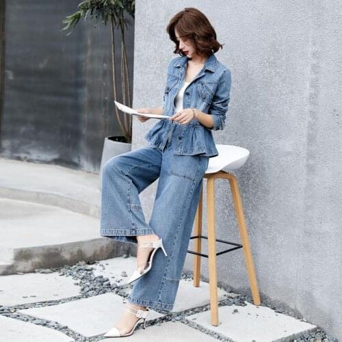 Denim suit womens spring and autumn Korean version 2021 new age-reducing fashion temperament two-piece set of casual