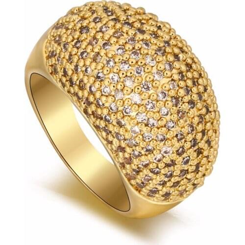 New Style Fashion Gold Color Shiny Plated Crystal Arc Ring, Luxury Austria Shiny Zircon Wide Ring Gifts For Woman