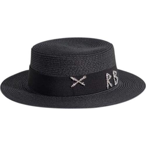 Fibonacci Summer Straw Hats For Women Black Fedora Wide Brim Beach Hat Ribbon Rhinestone Letters Sun Hat Derby Boater Trilby Cap