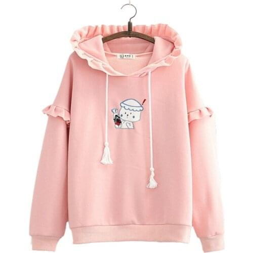 Harajuku Cartoon Embroidery Cute Hooded Sweatshirt Women 2020 Winter Long Sleeve Female Fleece Warm Hoodies Top For Teen Girls