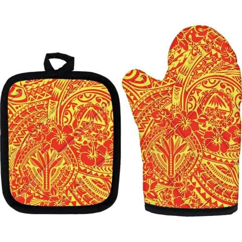 Fashion 2pcs Kitchen Oven Tools Heat Resistant Gloves and Potholder Mats Polynesian Hibiscus Printing Tribal Tattoo Glove