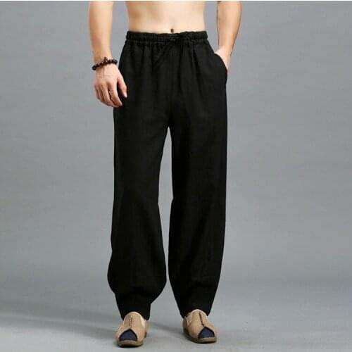 Men Tai Chi Yoga Pant Linen Wide Leg Loose Harem Sweatpant Bloomers Kungfu Martial Arts Casual Jogger Running Workout Track Pant