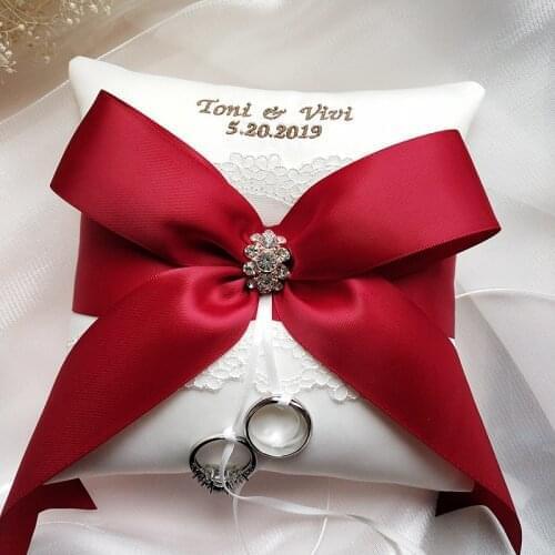 NEW Wedding Ring Pillow Red Ribbon bow Customized Name date Bridal Ring Pillows Party Decoration Valentine Day Festive Supplies