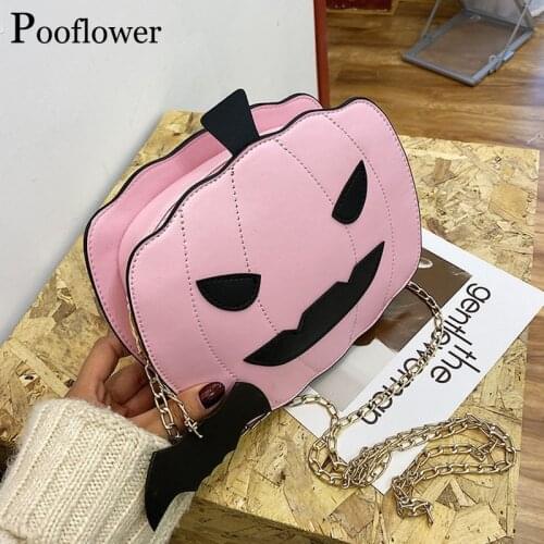 Pooflower Funny Halloween Pumpkin Bag Womens Fashion Pu Leather Crossbody Bag Designer Chains Small Shoulder Bag Purse ZH326
