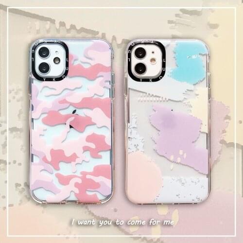 Transparent Pink Camouflage Brush Phone Case For iphone 12 Pro Max Mini 11 XR XS 7 8 Plus SE Cute Anti-Fall Cute Fonda Cover