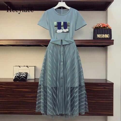 Plus size Two Piece set Women 2021 Summer Fashion Sequined Print Cotton Long T-shirt Dress +Mesh See Through Striped Skirt Sets