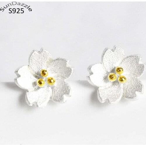 Genuine Real Pure Solid 925 Sterling Silver Stud Earrings for Women Jewelry Flower Elegant Female Silver Earrings