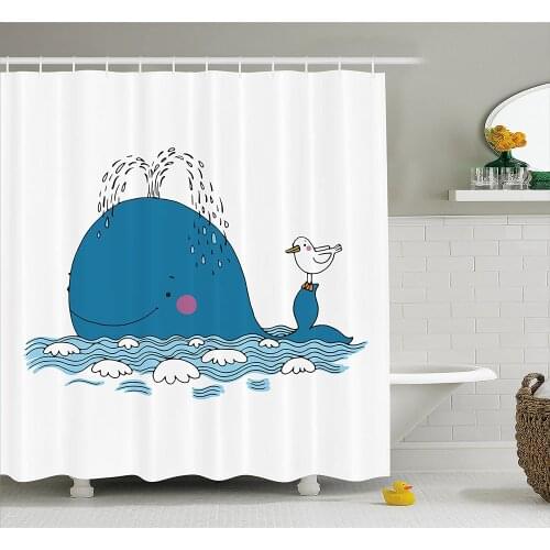 Whale Shower Curtain Sea Mammal Caricature Swimming in The Ocean and Splashing Water with Seagull Home Decor Bathroom Curtains