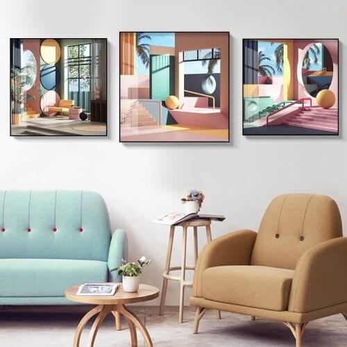 Morden Pink house Abstract Building wall art Canvas Pictures Paintings Prints Posters literary style for Living Room Home Decor